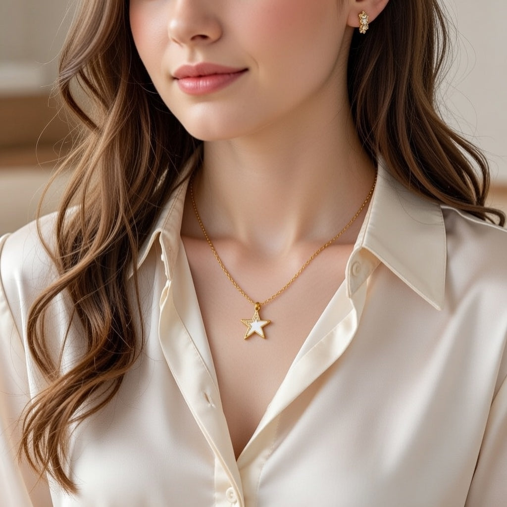 Rock Star, 18K Gold Plated Stainless Steel Vacuum Electroplating  Star Design Pendant Chain