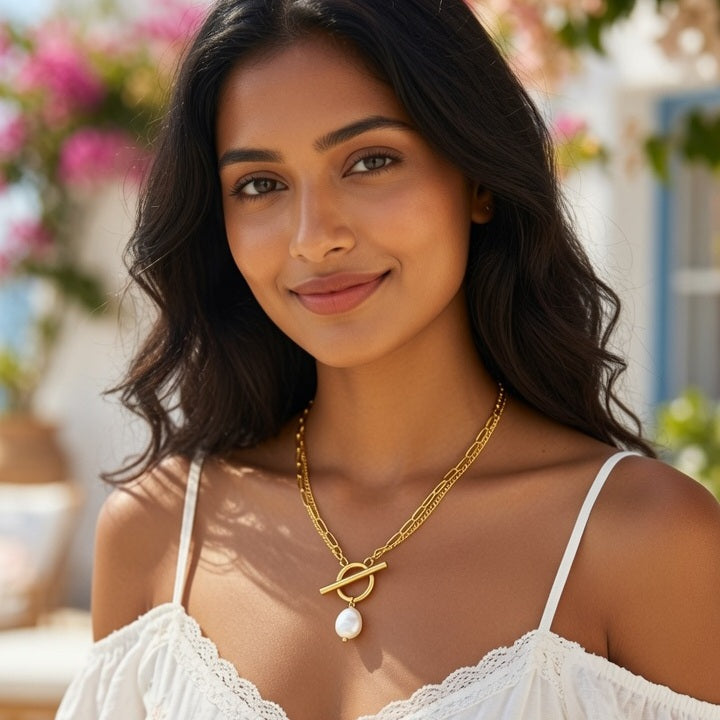 Faux Pearl Titanium Steel Layered Gold Plated Artificial Pearls Pendant Necklace