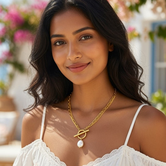 Faux Pearl Titanium Steel Layered Gold Plated Artificial Pearls Pendant Necklace
