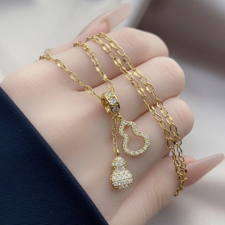 Double Dangling Stainless Steel Plating Inlay Zircon Pendant Necklace Gold