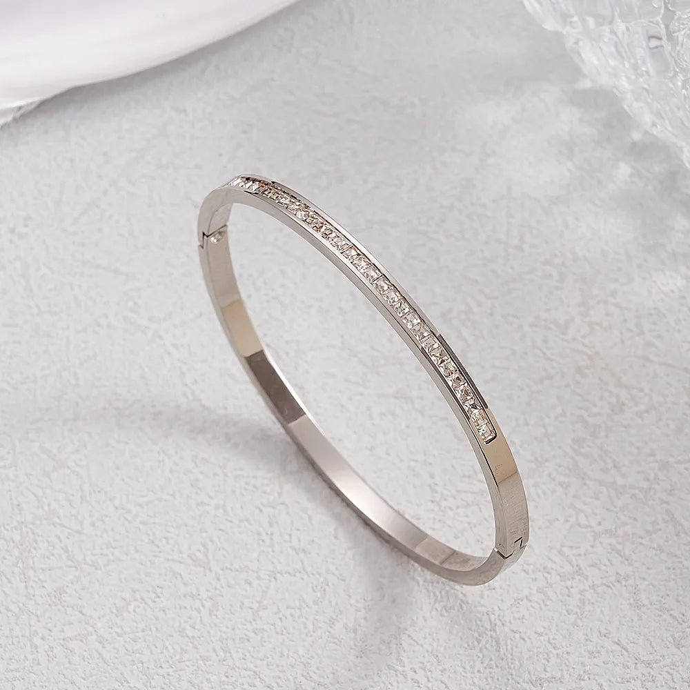 Rose, Stainless Steel Bangle Bracelet With Rhinestone In-Lab Platinum Gold Plating