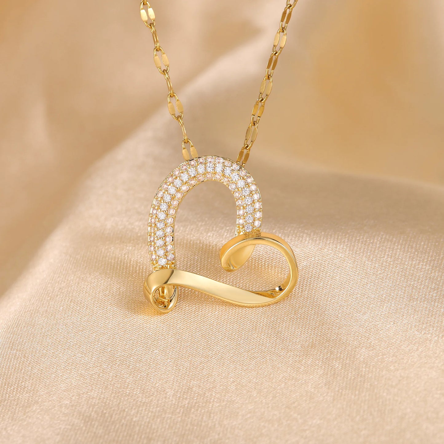 Heart Style Stainless Steel Copper Zircon 18K Gold Plated Inlay Pendant Necklace