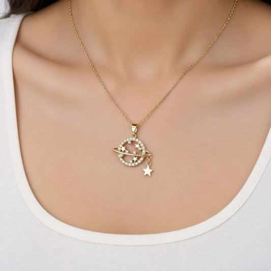 Isla, Planet Stainless Steel Plating, Inlay Zircon Pendant Necklace Gold