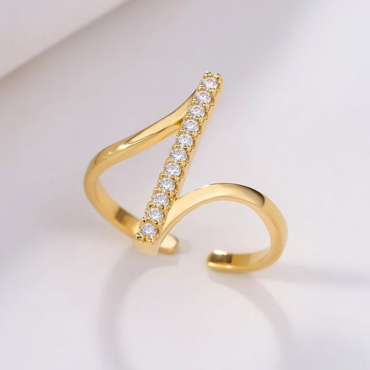 Sigourney, Diamond Strip Zirconia Titanium Steel Geometric Ring for Women. Open Size