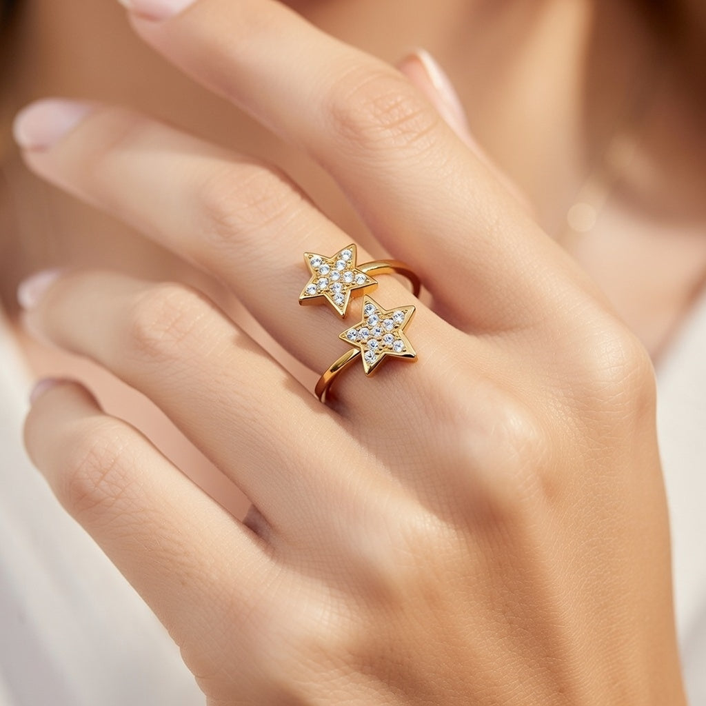 Open Ring Stainless Steel Material Double Star Diamond Inlaid, Gold Plating