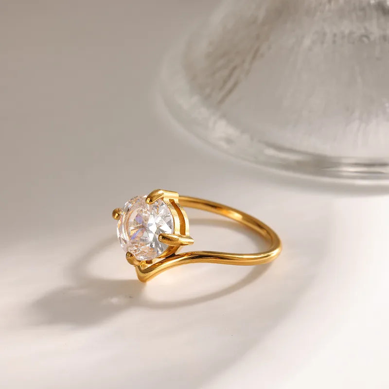 Bezel Setting 304 Stainless Steel Gold Plated Vacuum Electroplating, Women's Zircon Ring