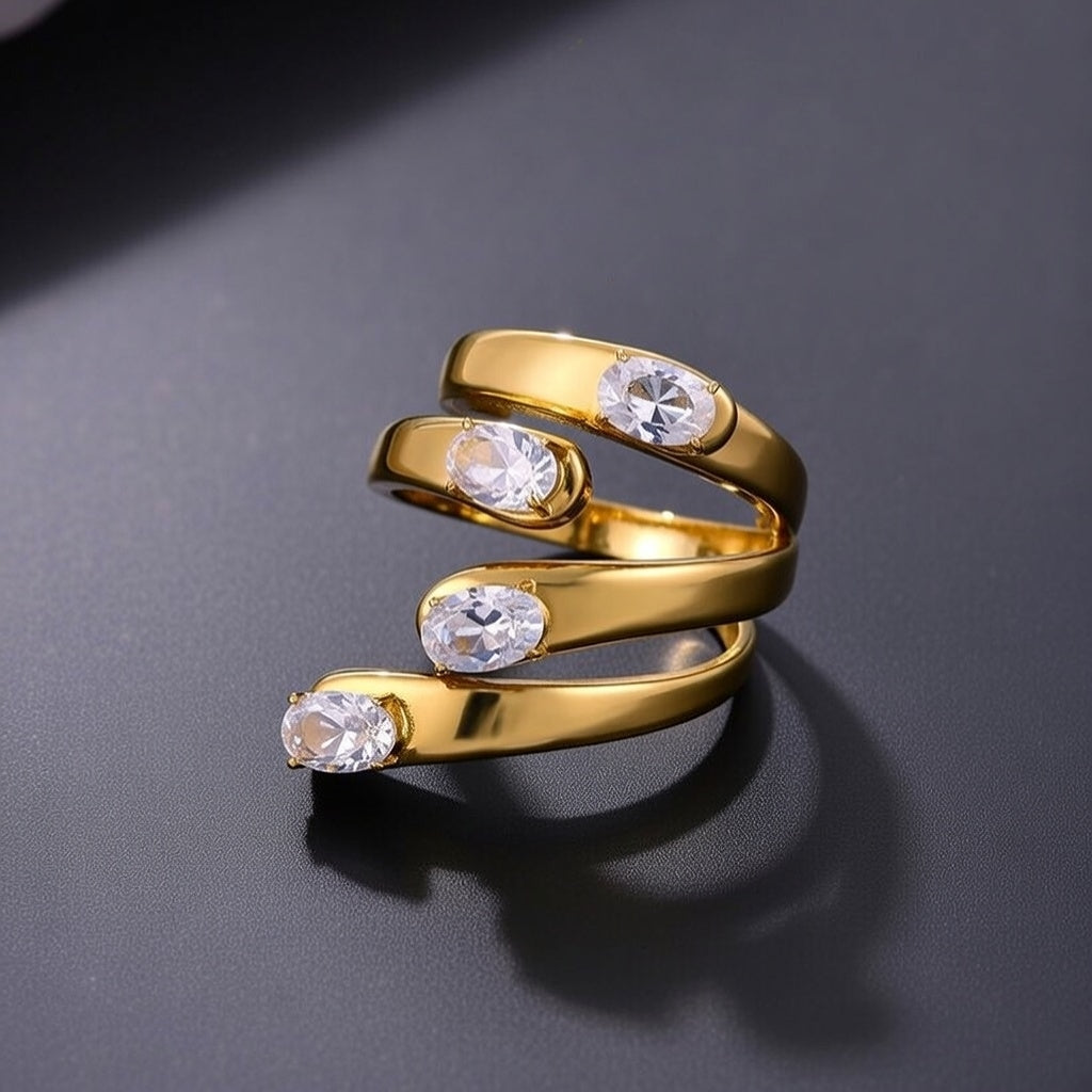 Kiara, Open Style Stainless Steel  Diamond Inlaid, Gold Plated Ring for women