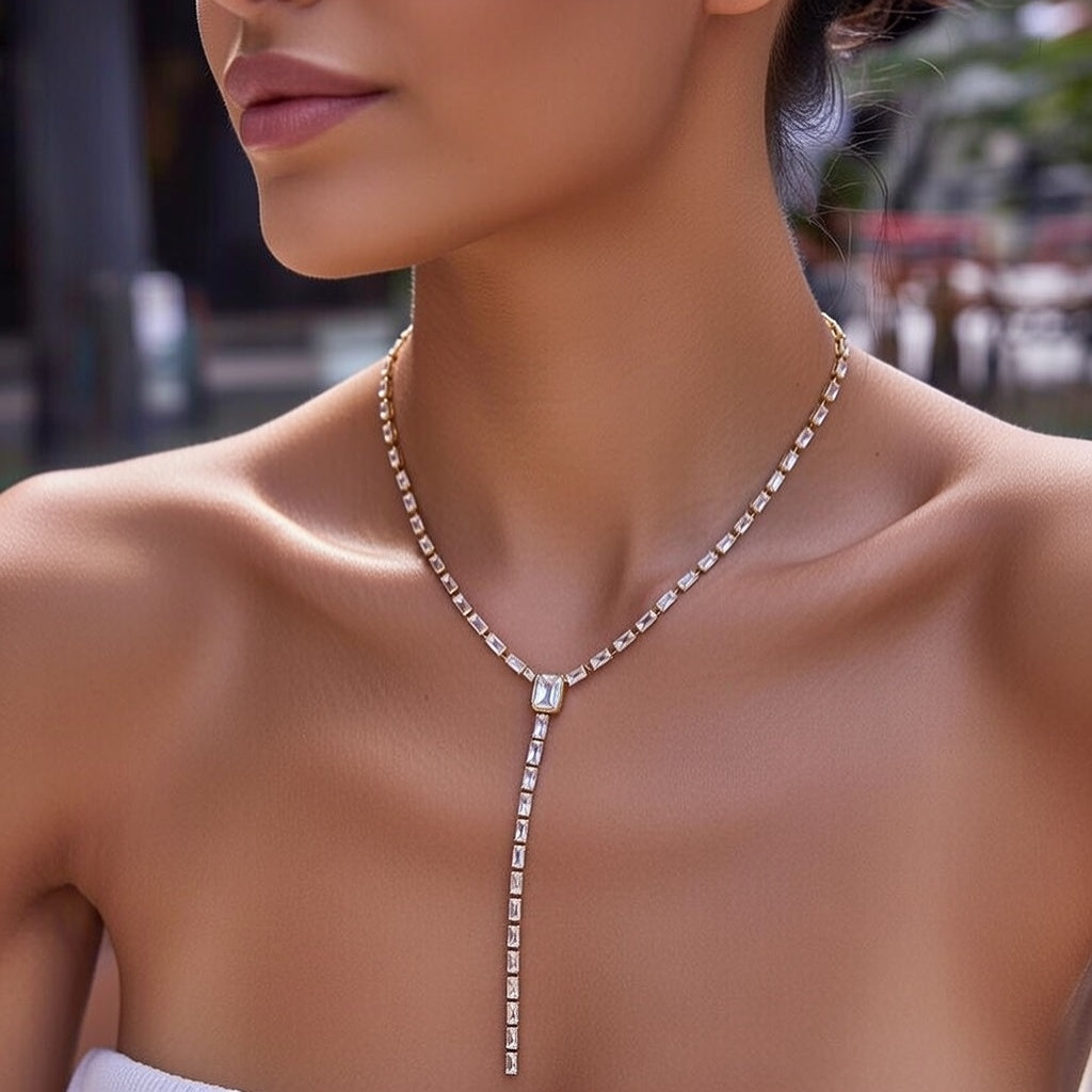 18K Gold Stainless Steel Zirconia Square Y-Chain Necklace 40+5cm Vacuum Plated Real Gold Pendant