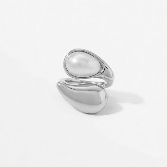 Eliza, Gold Plated Stainless Steel Ion Plating (IP) Pearl Tiger Eye Geometric Waterproof Non Tarnish, Open Ring In Steel