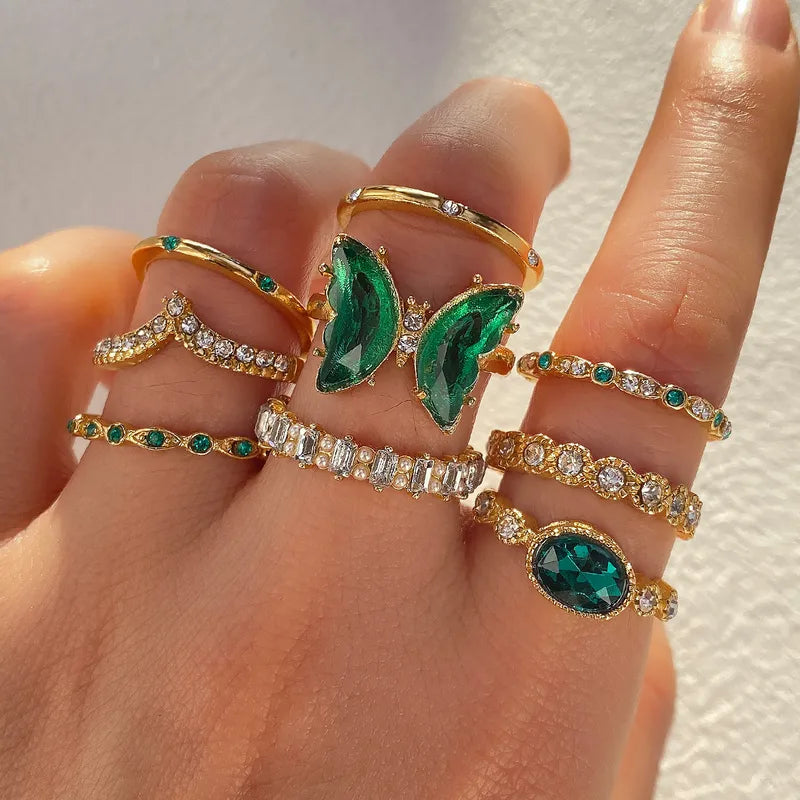 Emerald, Personalized Creative Green Collection Open Ring Set,  9-Piece Stackable