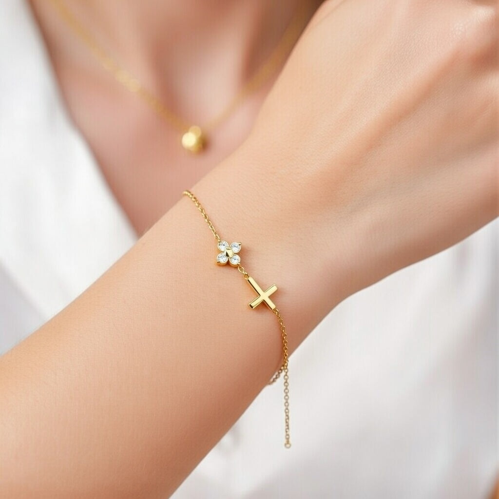 Diva Style Stainless Steel Cross PVD Coated bracelet, 18K Gold Plated, Lobster Trigger Clasp Closure in Gold