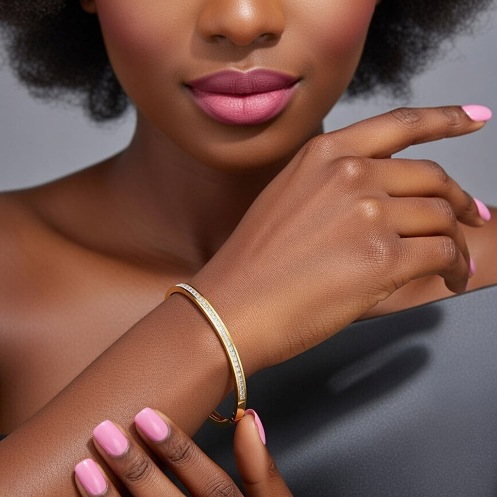 Rose, It Girl Stainless Steel Bangle Bracelet With Rhinestone In-Lab Gold Plating