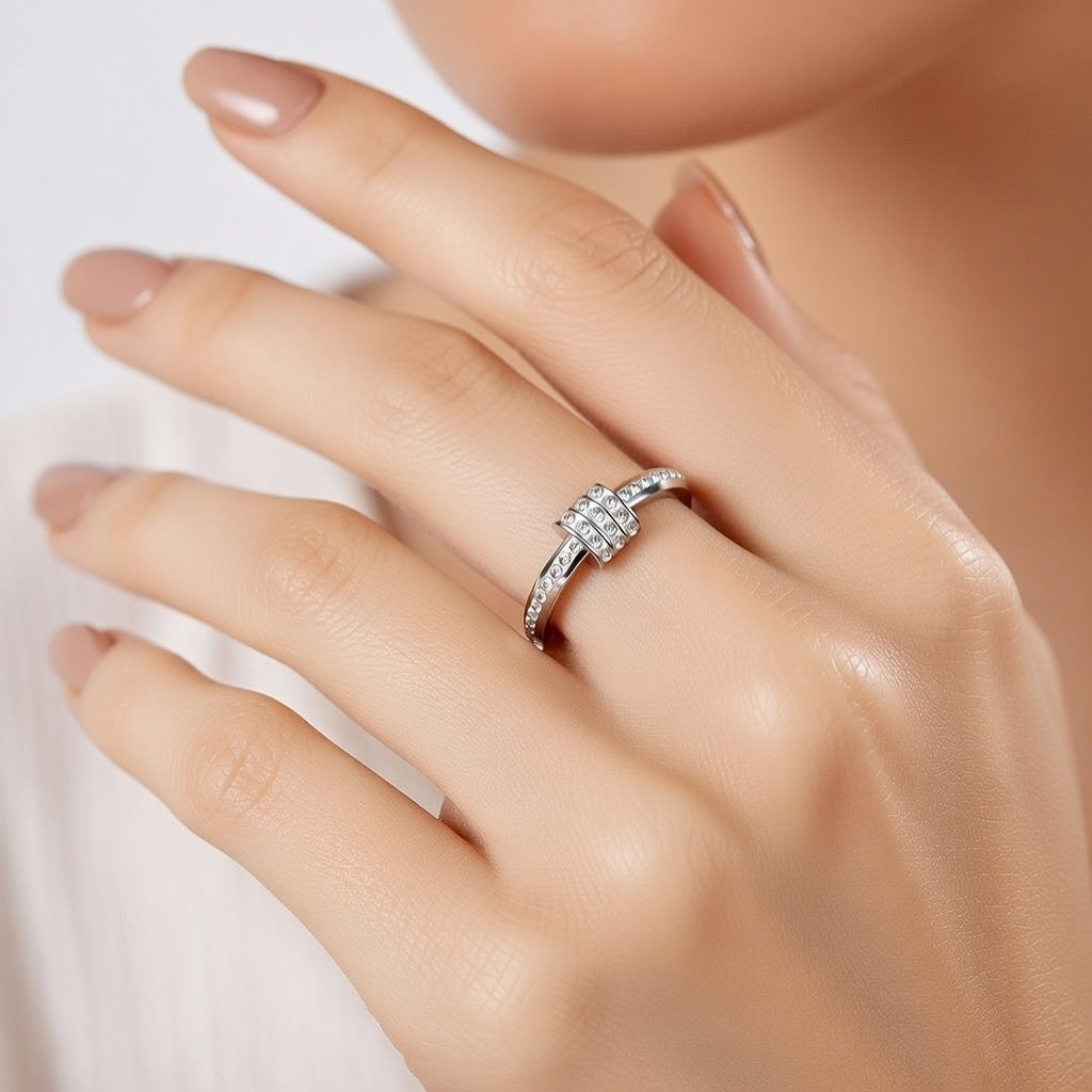 White K Plated Stainless Steel, Inner Electroplated 18K Gold Zircon Studded Sized Fashion Ring