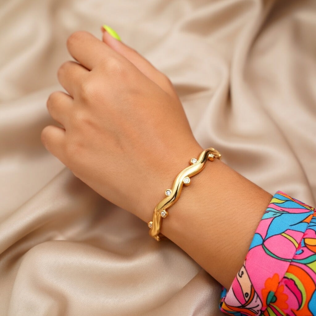 Jamila, Studded Gold Plated, PVD coated bangle bracelet