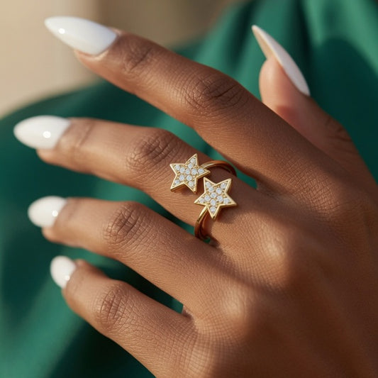 Open Ring Stainless Steel Material Double Star Diamond Inlaid, Gold Plating