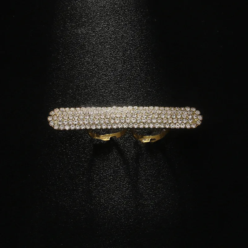 Prisilla, Gold Geometric Rhinestone Faux Diamond Double Finger Adjustable