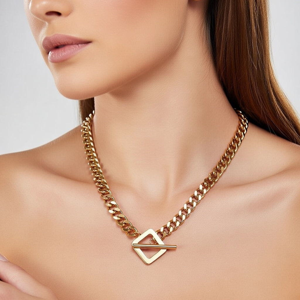 Daisi, Hip-Hop Style PVD Coated 18K Gold Plated Geometric Stainless Steel Necklace