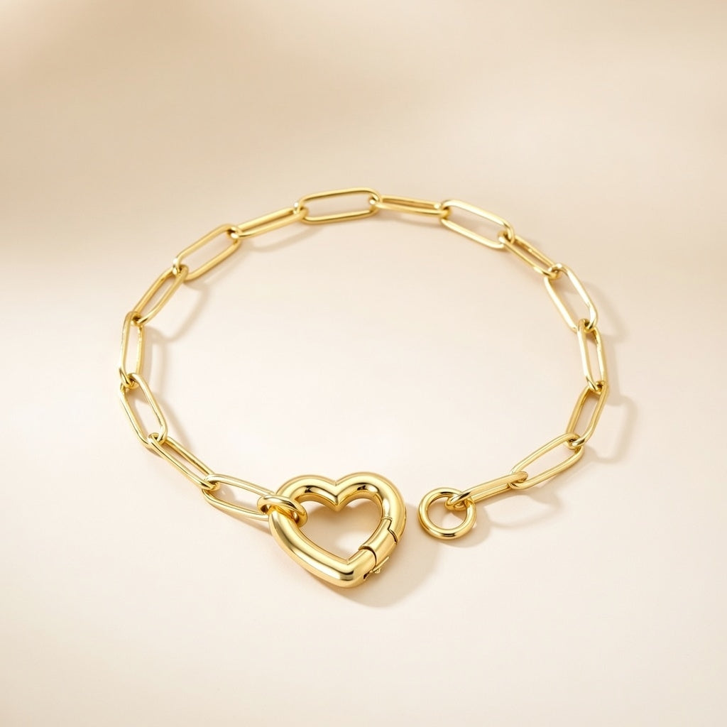 Big Heart Wire Style Bracelet, 3*17*16mm Peach Heart Clasp Accessory 18+3cm+6mm Round Plaque, Stainless steel +18K Gold  Plated