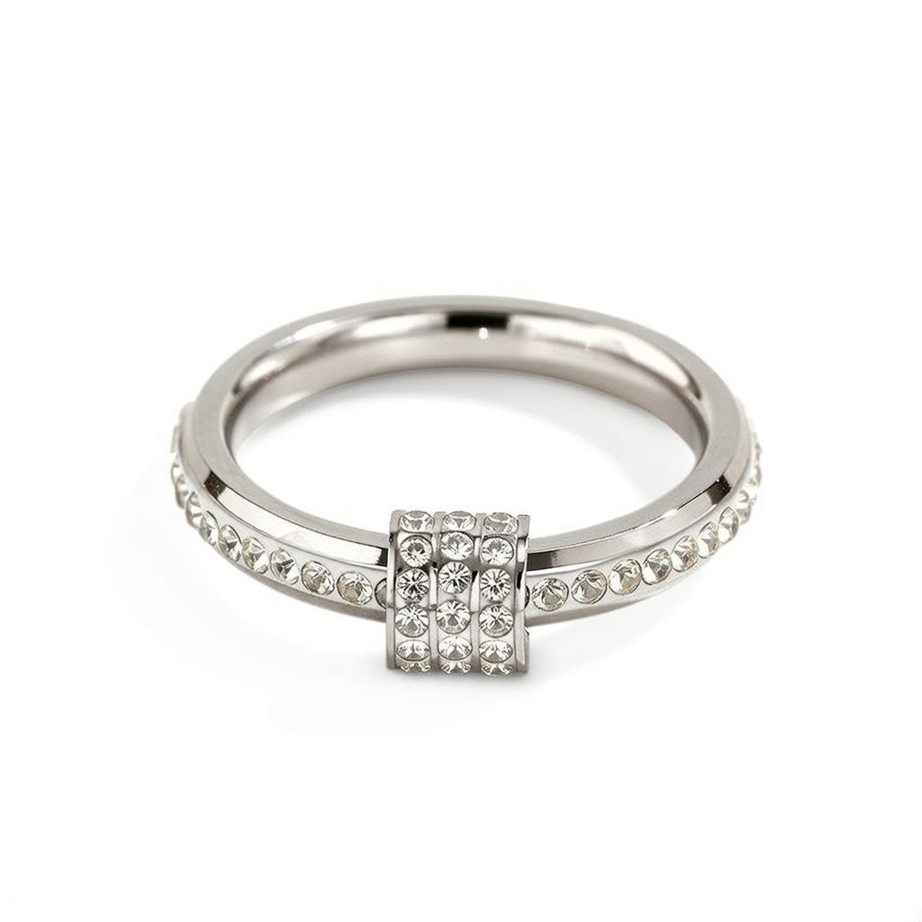 White K Plated Stainless Steel, Inner Electroplated 18K Gold Zircon Studded Sized Fashion Ring