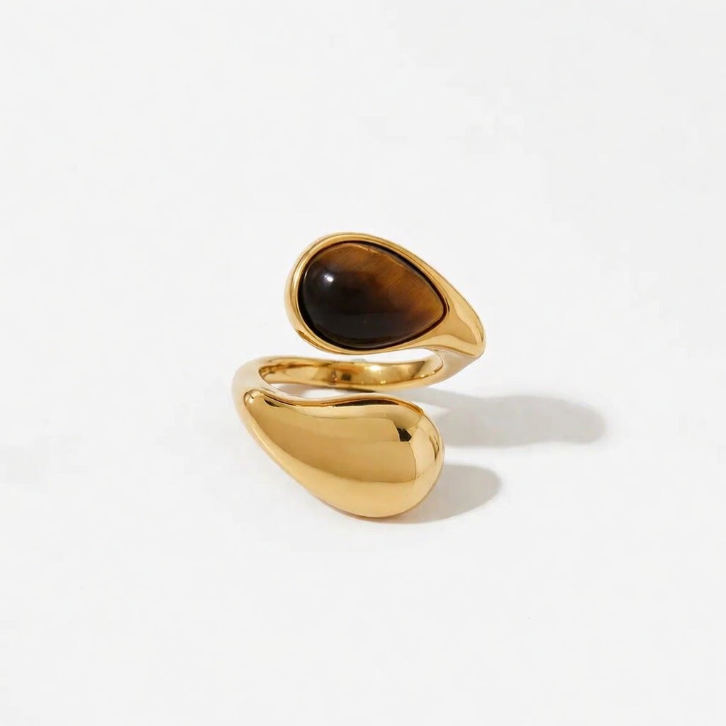 Eliza, Gold Plated Stainless Steel Ion Plating (IP) Pearl Tiger Eye Geometric Waterproof Non Tarnish Open Rings