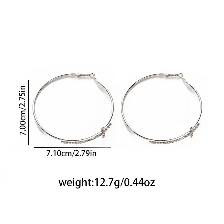 Nyx, Large Hoop Earrings With Cross Inlaid Shiny Diamonds Slim Fit