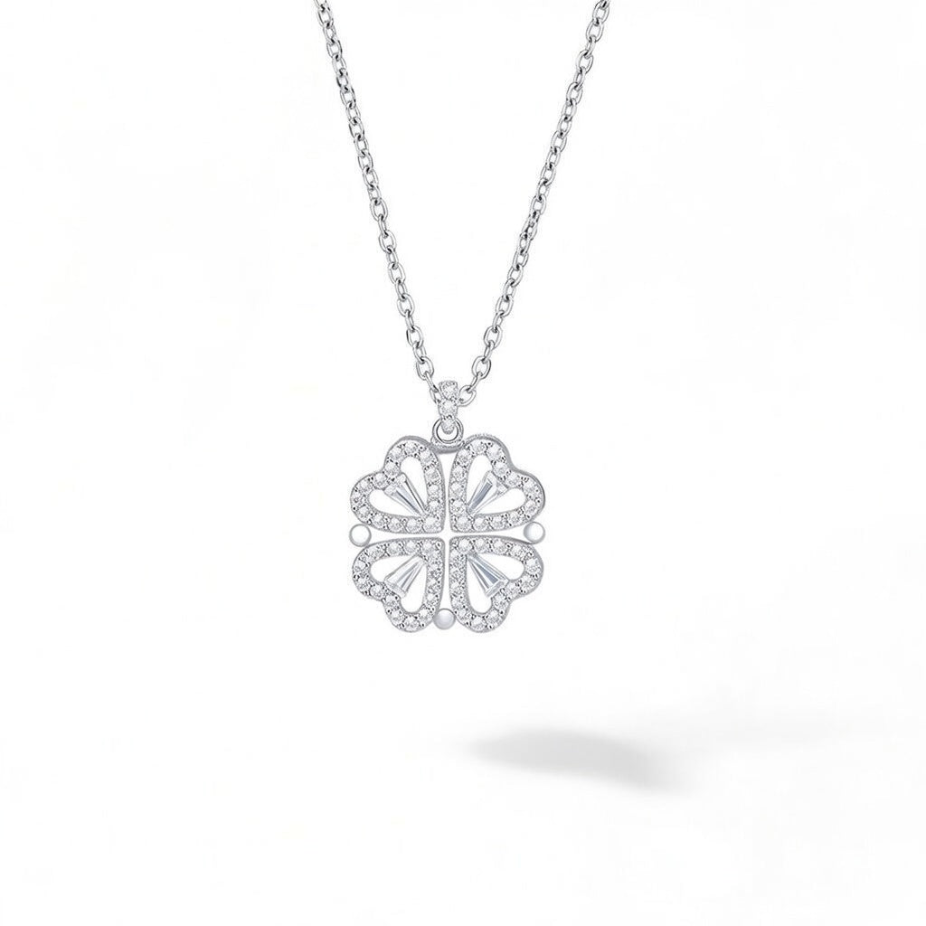 Silver Cluster Clover Stainless Steel Plating Inlay Zircon Pendant Necklace Silver