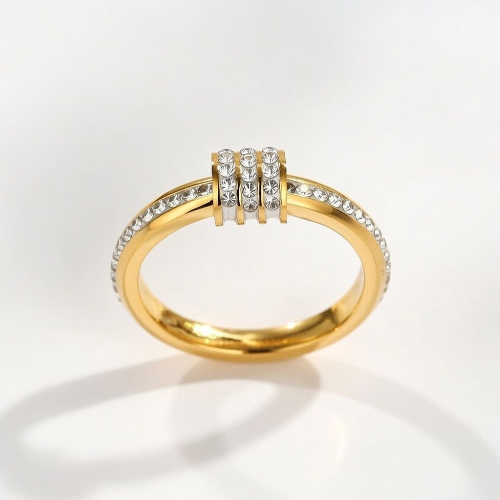 Gold Plated Stainless Steel, Inner Electroplated 18K Gold Zircon Studded Sized Fashion Ring