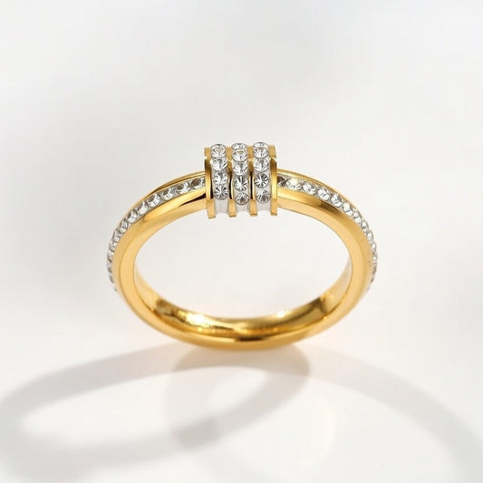 Gold Plated Stainless Steel, Inner Electroplated 18K Gold Zircon Studded Sized Fashion Ring