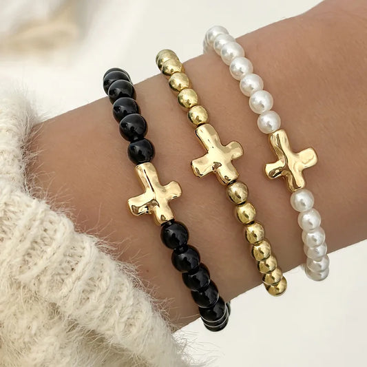 SET OF 3 Imitation Black Pearl Bead CCB Gold Bead Bracelet