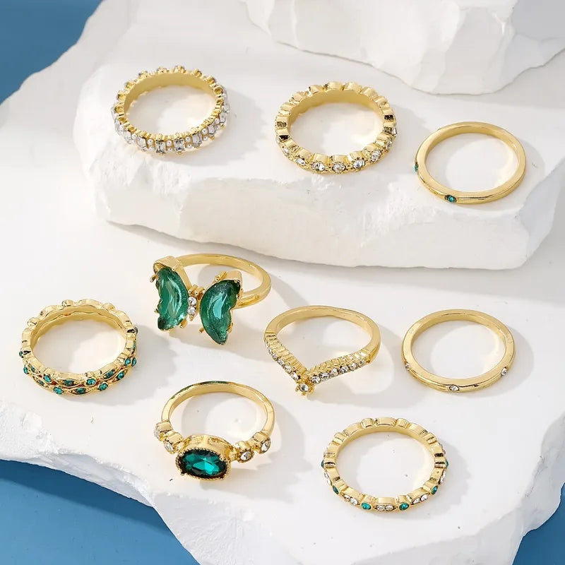 Emerald, Personalized Creative Green Collection Open Ring Set,  9-Piece Stackable