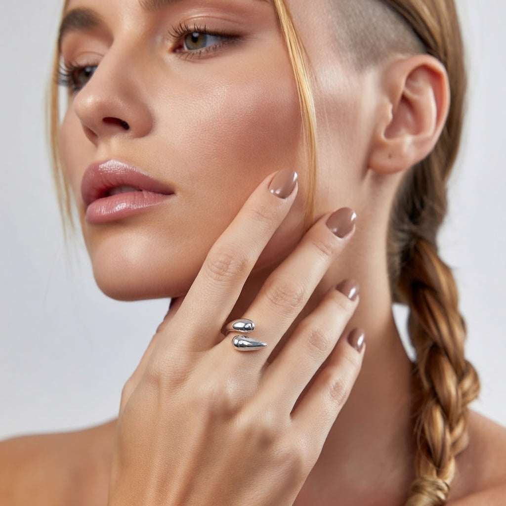 Aerie G, Droplets 18K Gold Plated Metal Adjustable Open Rings in Platinum Plated
