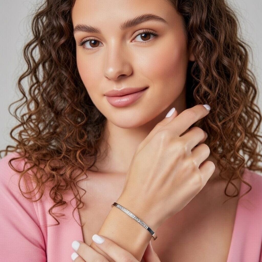 Rose, Stainless Steel Bangle Bracelet With Rhinestone In-Lab Platinum Gold Plating