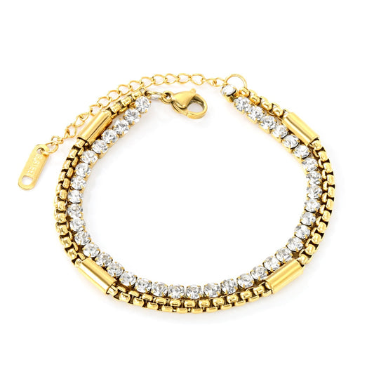 Double Style 2 Chain Bracelet, 3.2mm*40 round white diamonds + matching chain bracelet 16+5cm