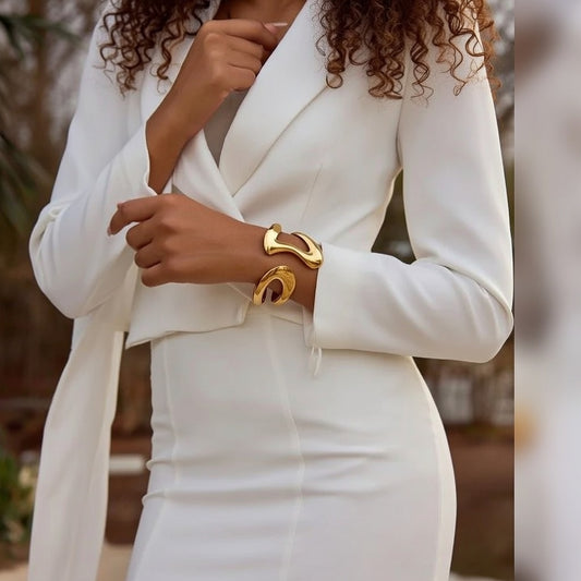 Sage, 18K Gold Stainless Steel / Line Double Layer Hollow Asymmetric Wave Open Bangle Bracelet