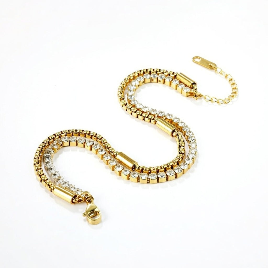 Double Style 2 Chain Bracelet, 3.2mm*40 round white diamonds + matching chain bracelet 16+5cm