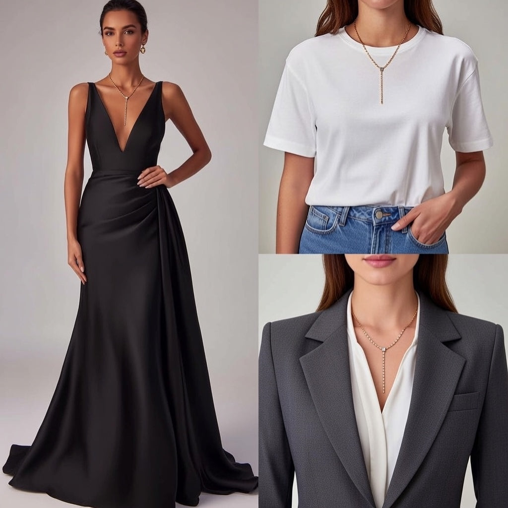 18K Gold Stainless Steel Zirconia Square Y-Chain Necklace 40+5cm Vacuum Plated Real Gold Pendant