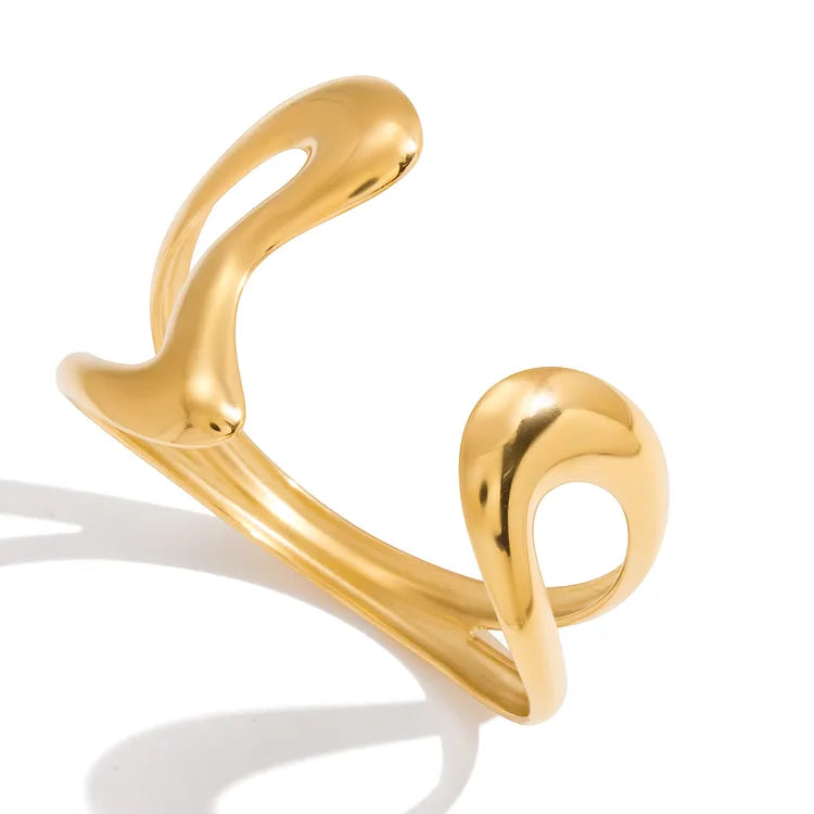 Sage, 18K Gold Stainless Steel / Line Double Layer Hollow Asymmetric Wave Open Bangle Bracelet