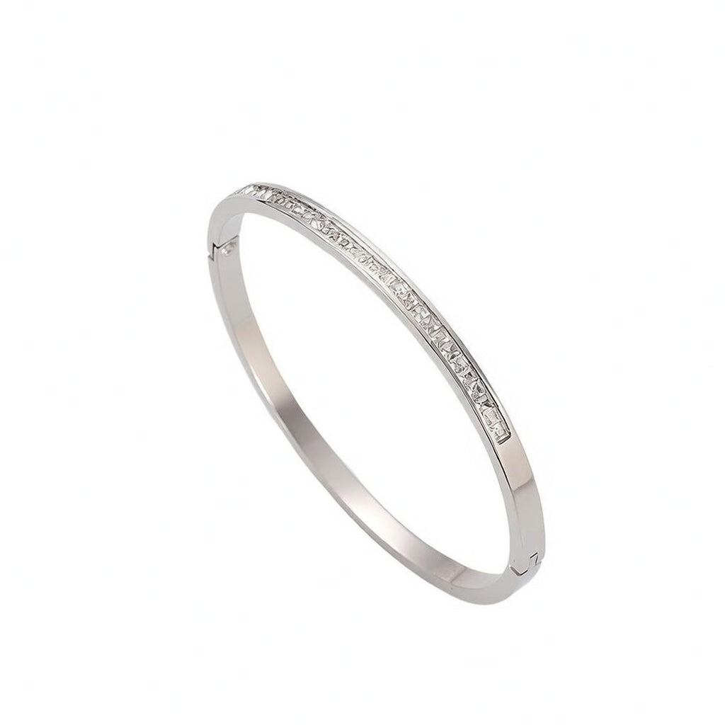 Rose, Stainless Steel Bangle Bracelet With Rhinestone In-Lab Platinum Gold Plating