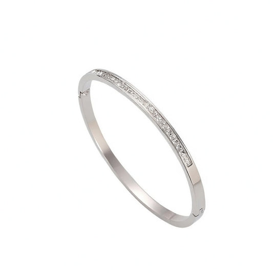 Rose, Stainless Steel Bangle Bracelet With Rhinestone In-Lab Platinum Gold Plating