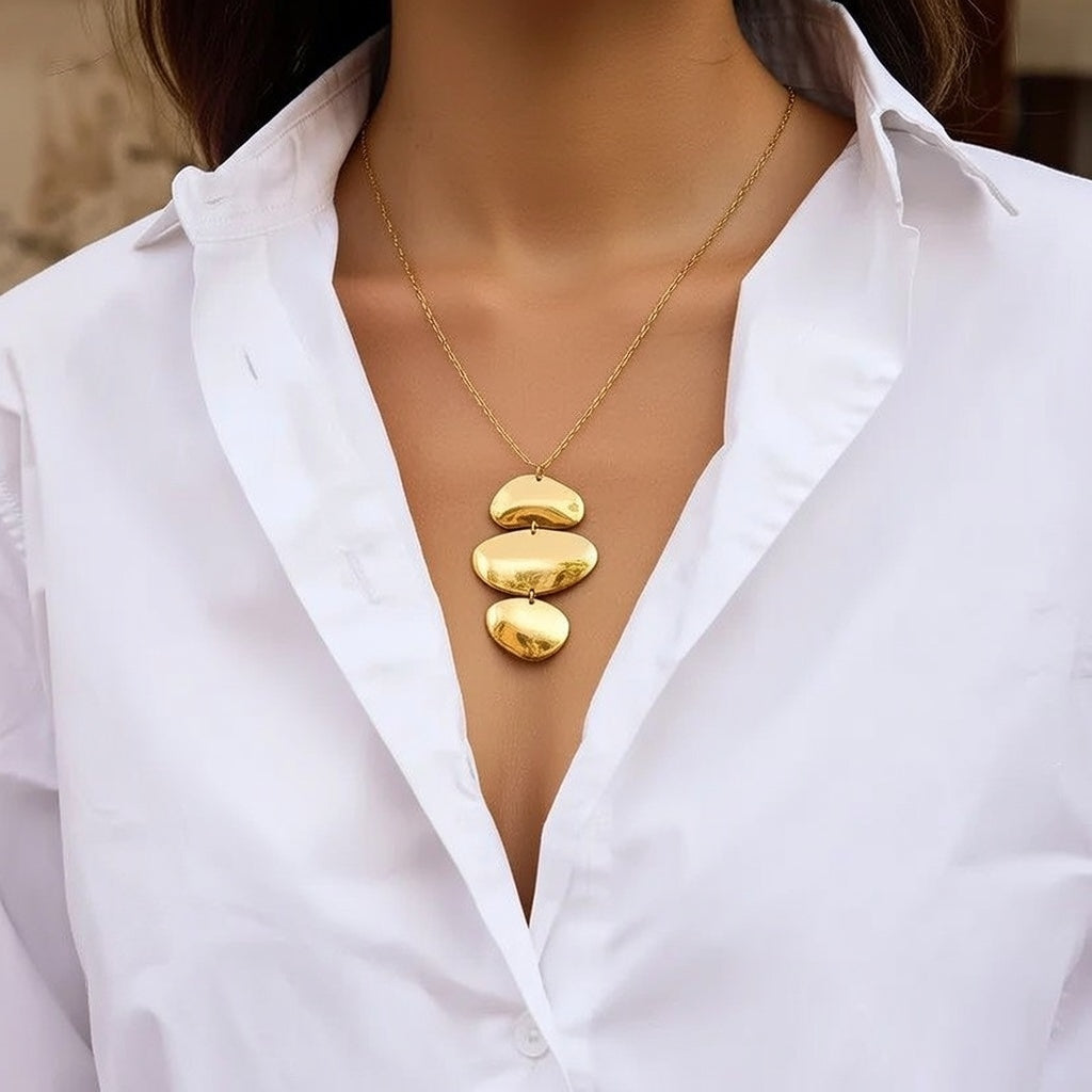 Summer Girl 18K Gold Stainless Steel / Irregular 3-Layer Round Pendant Necklace 60+5CM Neclace