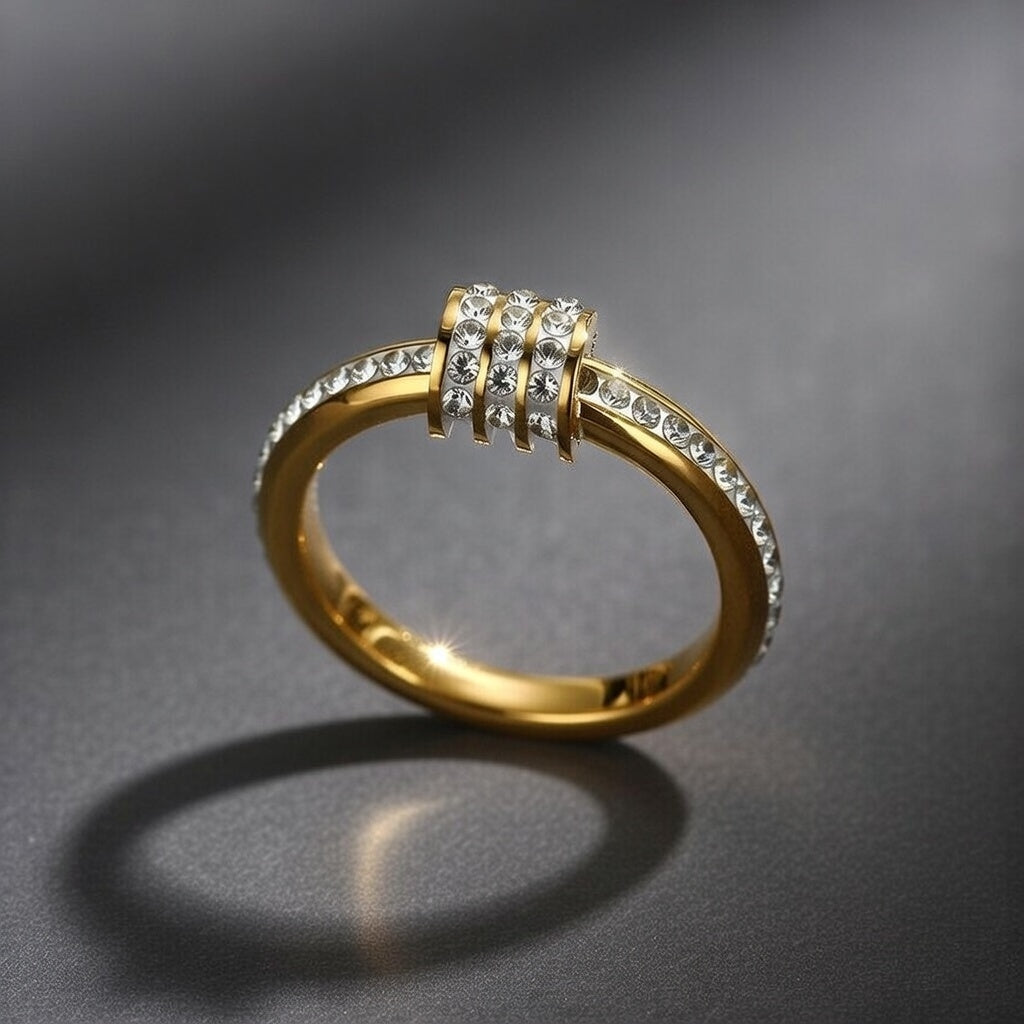 Gold Plated Stainless Steel, Inner Electroplated 18K Gold Zircon Studded Sized Fashion Ring