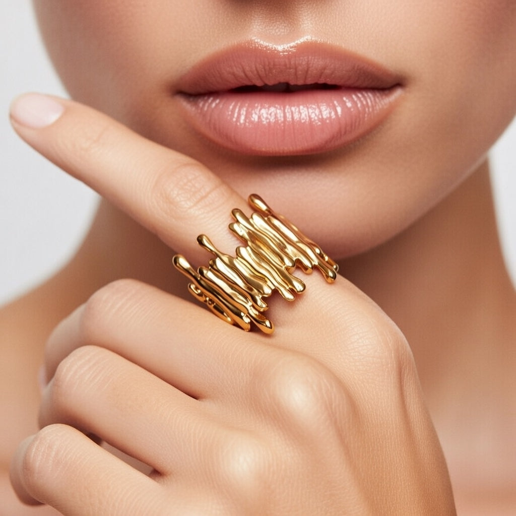Godiva, Stainless Steel Geometric PVD Coated Real Gold Plated, Waterproof Non Tarnish Open Ring (One Size)
