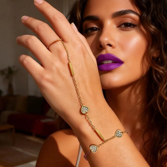 Heart-Shaped Full Diamond Geometric Line O-Chain, 18K Gold Plated, Stainless Steel Vacuum Electroplated Back Of Hand Bracelet Chain