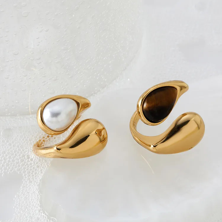 Eliza, Gold Plated Stainless Steel Ion Plating (IP) Pearl Tiger Eye Geometric Waterproof Non Tarnish, Open Rings