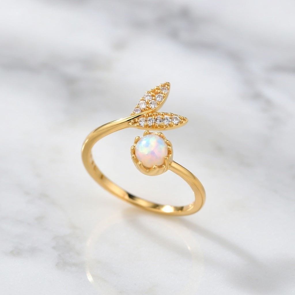 Lauren, Stainless Steel Geometric Leaf PVD Coated, Gold Plated Elegant Retro, Waterproof Non Tarnish Plating Open Rings
