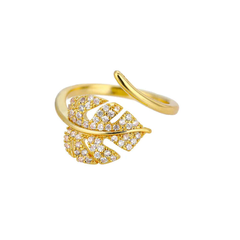 Sophie, Stainless Steel Leaf Design PVD Coated / Gold Plated Elegant Retro Lady Waterproof Non Tarnish Plating Open Rings in Gold