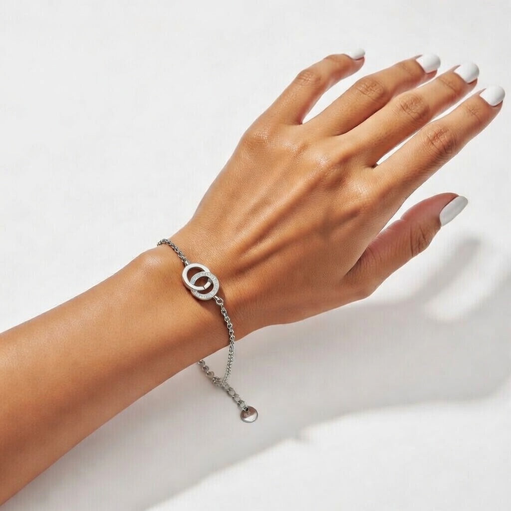 Alessandra, Double Ring Star Studded Bracelet, Stainless Steel 14K Gold Plated Zircon, Vacuum Electroplated Waterproof Non-Fading Bracelet in Silver