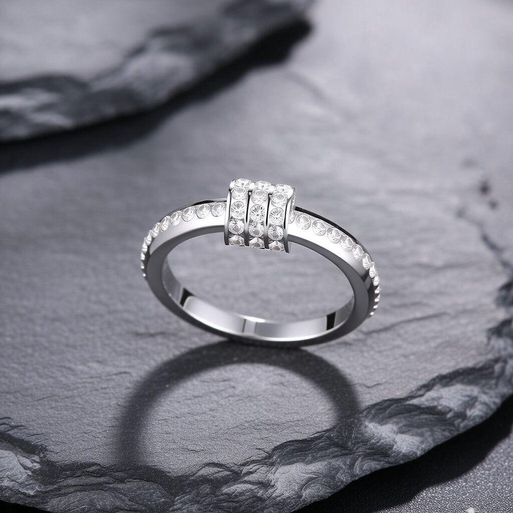 White K Plated Stainless Steel, Inner Electroplated 18K Gold Zircon Studded Sized Fashion Ring