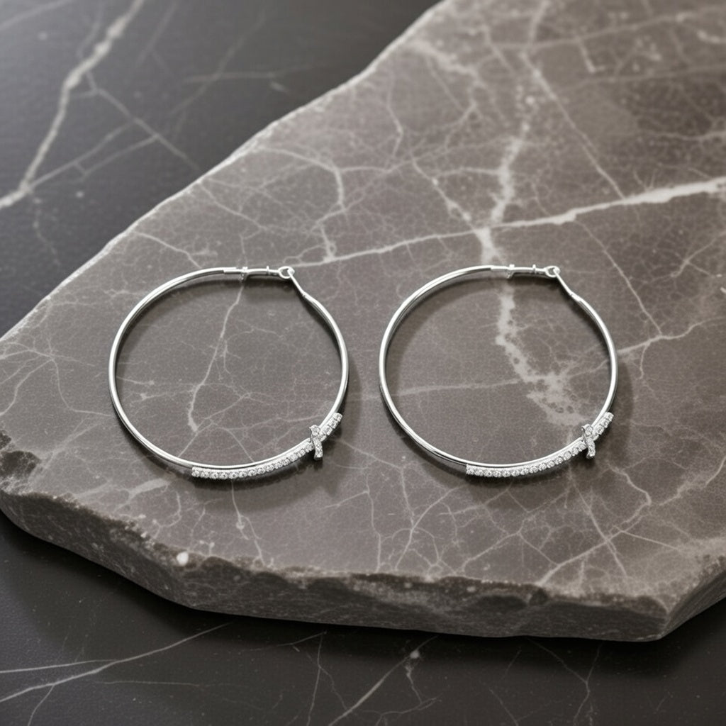 Nyx, Large Hoop Earrings With Cross Inlaid Shiny Diamonds Slim Fit