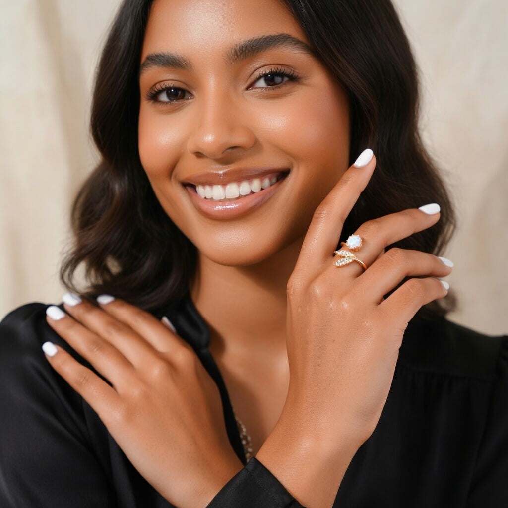 Lauren, Stainless Steel Geometric Leaf PVD Coated, Gold Plated Elegant Retro, Waterproof Non Tarnish Plating Open Rings